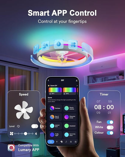 Lumary Smart WiFi Ceiling Fans with Lights, RGBAI Flush Mount Ceiling Fans with Lights and Remote, Dual Lighting Mode Modern LED Low Profile Ceiling Fan for Bedroom Works with Alexa Google, 20in White