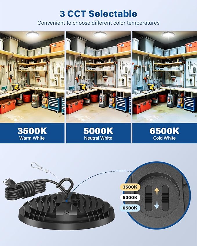 4 Pack 150W UFO LED High Bay Light, Adjustable Wattage 150W/110W/75W, 3-Color Temperature (3500K/5000K/6500K), 21,000LM, 120VAC, Plug & Play LED Shop Lights Fixture for Warehouse, Garage, Factory