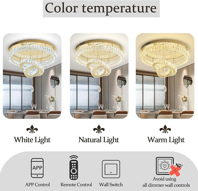 Flashing God Dia 32'' Modern Chandeliers for Living Room Crystal Flush Mount Ceiling Chandelier Large Chandeliers for Dining Room Bedroom LED Dimmable 3000-6000K Gold
