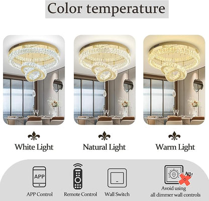 Flashing God Dia 32'' Modern Chandeliers for Living Room Crystal Flush Mount Ceiling Chandelier Large Chandeliers for Dining Room Bedroom LED Dimmable 3000-6000K Gold