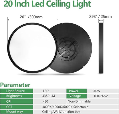 20 Inch Large LED Flush Mount Ceiling Light, 40W, 4350LM, 3000K/4000K/6000K CCT Selectable,Black Round Flat Panel Light Low Profile Ceiling Light Fitures for Hallway, Kitchen, Bedroom, Laundry(1PK)