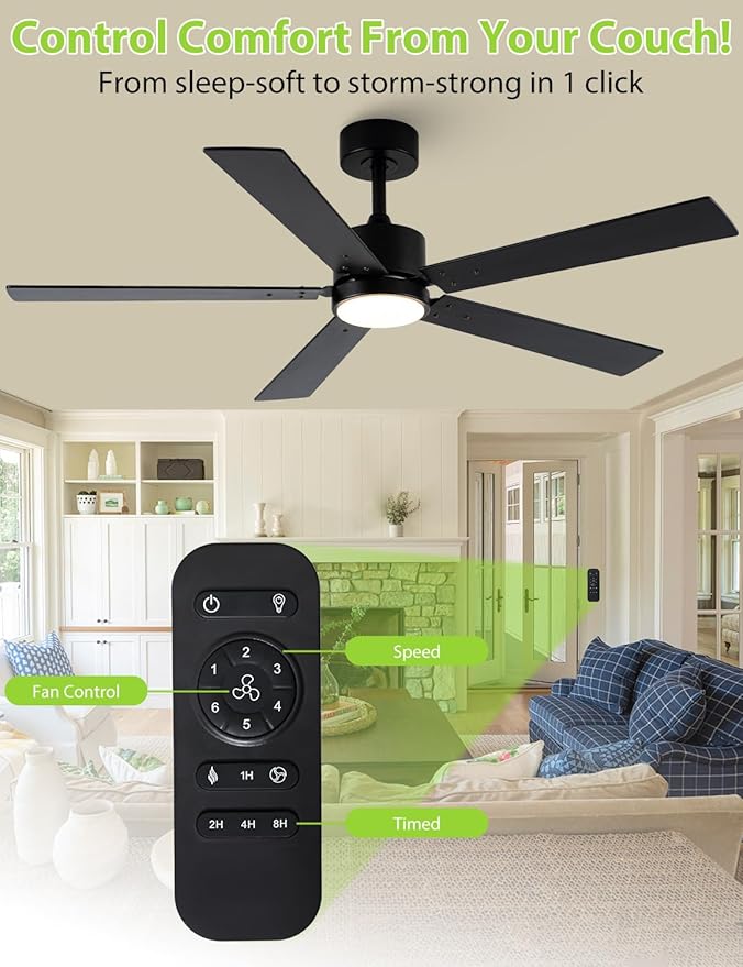 Black Ceiling Fans with Lights, 52 Inch Modern Ceiling Fan with Remote Outdoor Ceiling Fan for Bedroom, Living Room,High CFM Ceiling Fans with 3CCT LED Lights Kit, Quiet DC Motor, Timer
