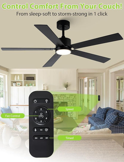 Black Ceiling Fans with Lights, 52 Inch Modern Ceiling Fan with Remote Outdoor Ceiling Fan for Bedroom, Living Room,High CFM Ceiling Fans with 3CCT LED Lights Kit, Quiet DC Motor, Timer