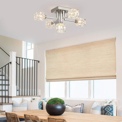 XINGQI Modern Sputnik Chandeliers Brushed Nickel Semi Flush Mount Ceiling Light Fixture 5-Light for Dining Room Living Room Kitchen Bedroom Entryway