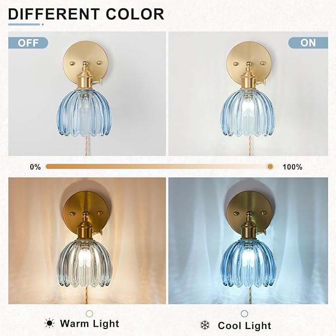 Plug in Wall Sconces Set of 2, Vintage Wall Sconce Light with Tulip Denim Blue Glass Lampshade, Bedroom Wall Sconce with Switch and Plug in wall lamp Cord, Gold Wall Light Wall Decor Set of 2