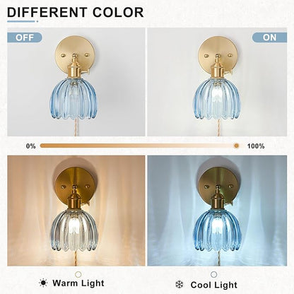 Plug in Wall Sconces Set of 2, Vintage Wall Sconce Light with Tulip Denim Blue Glass Lampshade, Bedroom Wall Sconce with Switch and Plug in wall lamp Cord, Gold Wall Light Wall Decor Set of 2