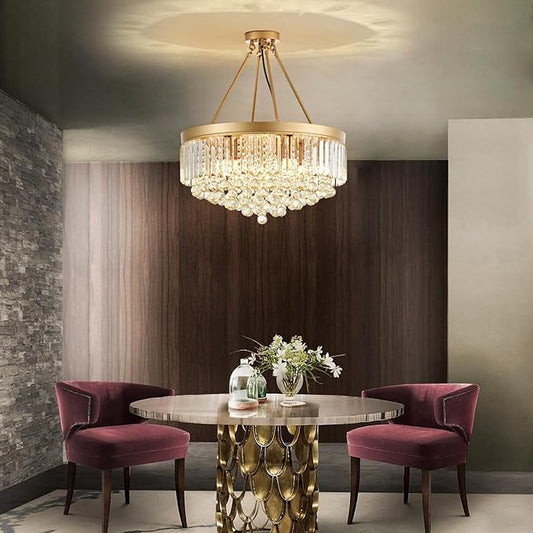 9-Light Gold Crystal Chandelier Contemporary 22'' Modern Semi Flush Mount Crystal Hanging Light Sparkling Decoration for Bedroom Entryway Living Dining Room Kitchen Island Hallway