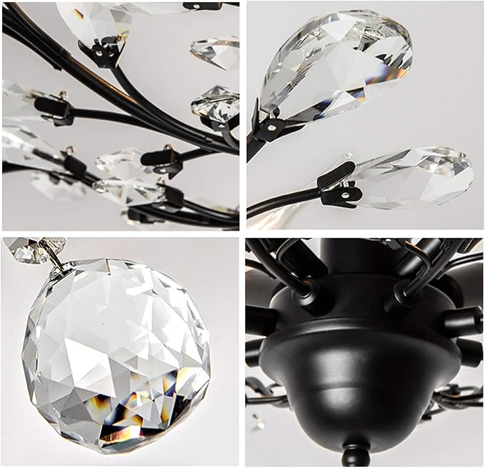 SEOL-Light 24.5" Dia 4-Light Vintage Crystal Branch Close to Ceiling Light Fixture Black Chandelier Flush Mount,E12,160W,for Bedroom,Kitchen,Living Room;