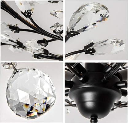 SEOL-Light 24.5" Dia 4-Light Vintage Crystal Branch Close to Ceiling Light Fixture Black Chandelier Flush Mount,E12,160W,for Bedroom,Kitchen,Living Room;