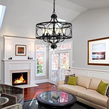 6-Light Modern Black Crystal Chandelier, Farmhouse Ceiling Light Fixture, Hanging Metal Pendant Lights Kitchen Island Dining Room Entryway Foyer
