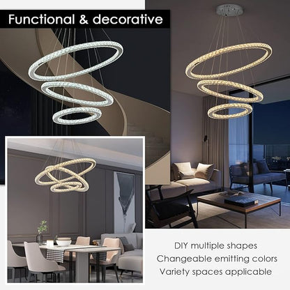 Siljoy LED Chandelier, Modern Ceiling Light Fixture with 3 Crystal Chandelier Lighting Rings, DIY & 3-Color Changing 3 Rings Adjustable Chandeliers for Living Room Dining Room Kitchen, D 12"-20"-28"