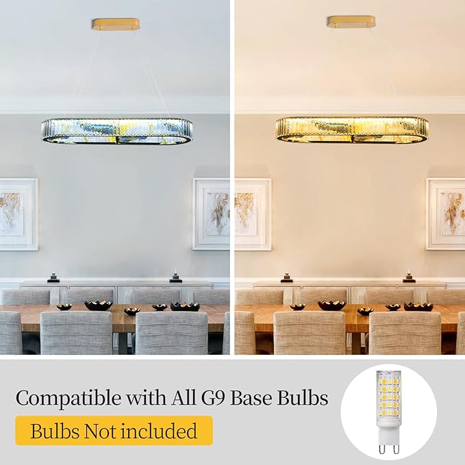 Luxury Crystal Chandelier, Modern Rectangular LED Pendant Light for Kitchen Island Dining Room, 40 Inch, No Assembly Required
