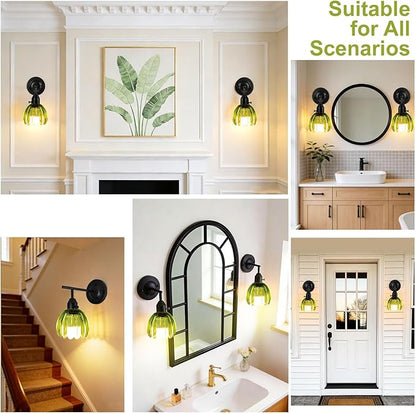 Vintage Gold Wall Sconces with Green Tulip Glass Lampshade, Hardwired Wall Lamp (2 Usage Methods), Blakc Sconces Hradwired Modern Wall Lighting Fixture for Bedroom Living Room
