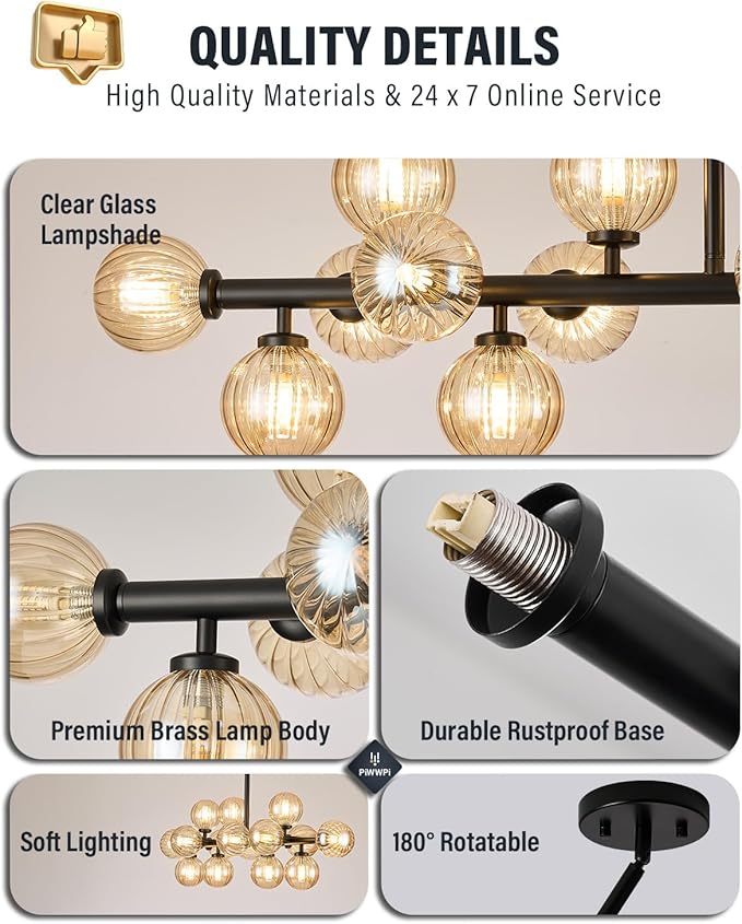 Glass Globe Sputnik Chandelier, 16-Light Mid Century Modern Light Fixture Over Table, Linear Chandeliers for Dining Room, Kitchen Island, Black and Amber Bubble, 40 Inch, GC-02