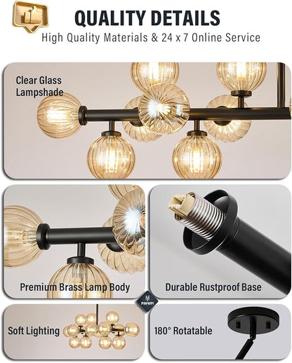 Glass Globe Sputnik Chandelier, 16-Light Mid Century Modern Light Fixture Over Table, Linear Chandeliers for Dining Room, Kitchen Island, Black and Amber Bubble, 40 Inch, GC-02