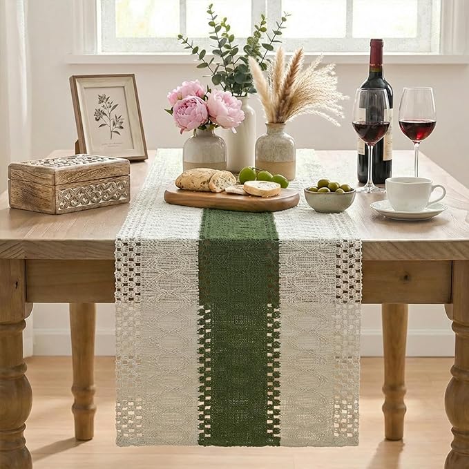Artoid Mode Army Green Farmhouse Rustic Table Runner, Seasonal Holiday Hollow Kitchen Dining Table Decoration for Home Party Decor 12x90 Inch