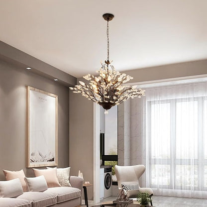 Maxax Vintage Crystal Branch Chandeliers, 12-Light Adjustable K9 Crystal Pendant Hanging Lighting Ceiling Light Fixtures Chandeliers for Dining Room, Living Room, Bedroom, Porch, 33in, Black