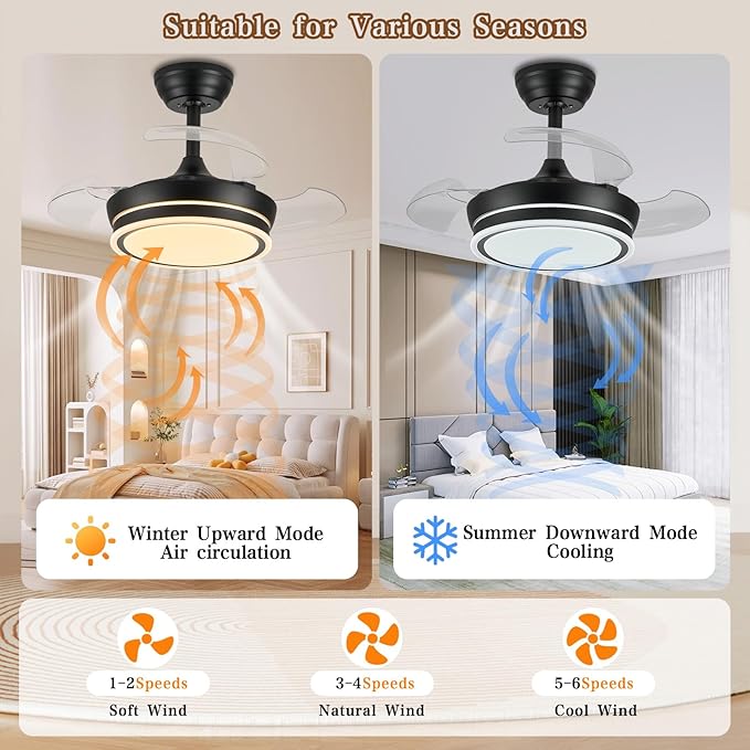 30" RGB Retractable Fandelier Ceiling Fan Dimmable Chandelier Ceiling Fans with Lights and Remote APP Control for Living Dinning Room Bedroom Black