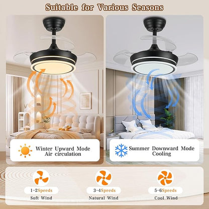 30" RGB Retractable Fandelier Ceiling Fan Dimmable Chandelier Ceiling Fans with Lights and Remote APP Control for Living Dinning Room Bedroom Black
