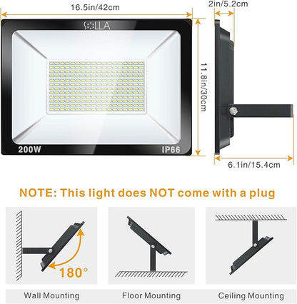 200W LED Flood Light Outdoor, 20000lm Super Bright Security Light, 1060W Equivalent, 6000K Daylight White, IP66 Waterproof Outside Floodlights, LED Exterior Light for Garage, Garden, Yard