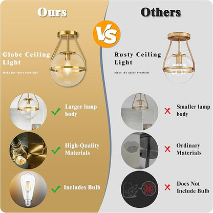 Bagood 10" Semi Flush Mount Ceiling Light with Clear Glass Shade Mid Century Ceiling Light Modern Gold Globe Semi Flush Mount Ceiling Light Fixture for Bedroom Hallway Bathroom Foyer (Bulb Incl.)