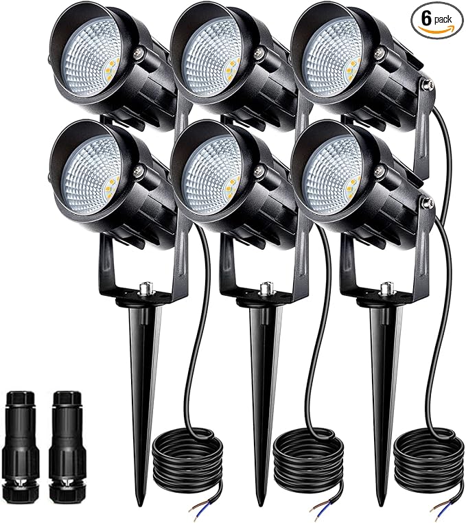 5W Low Voltage Landscape Lights with Connectors, AC/DC 12V-24 Landscape Spotlights 3000K Warm White Waterproof Garden Yard Pathway Wall Tree Flag Landscaping Lights with Spike Stand (6 Pack)