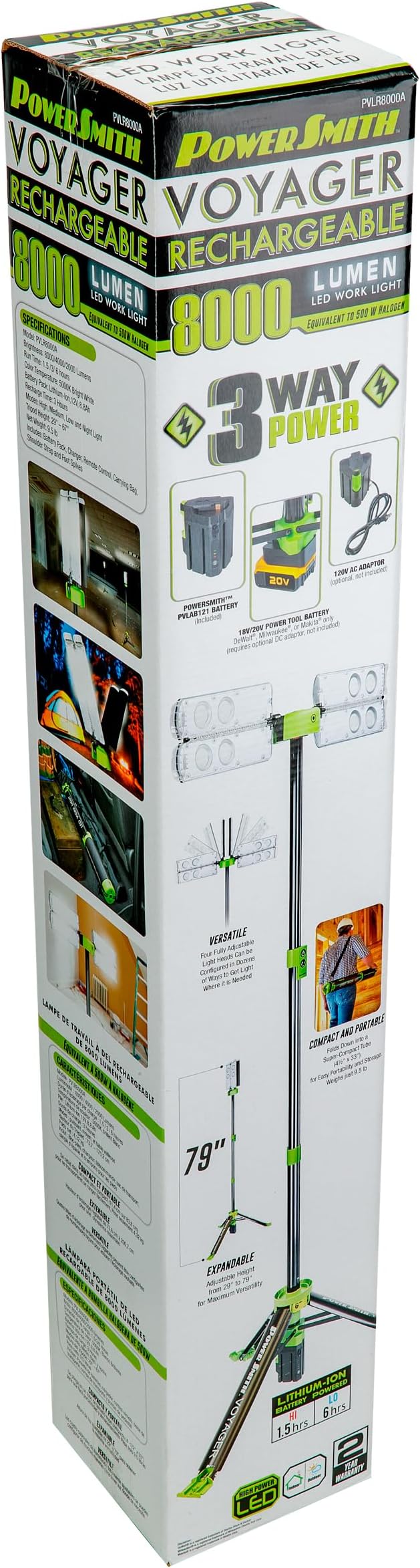 PowerSmith Voyager PVLR8000A 8000 Lumen Collapsible Cordless Tripod LED Work Light with Battery, Charger & Carry Bag Included. Optional 3-Way Power, Remote Control , Black