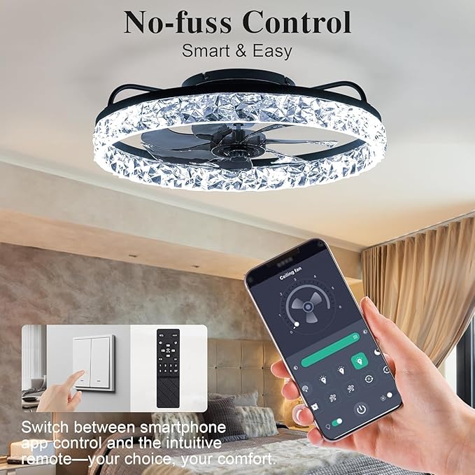DIAMONDFORGE Ceiling Fans with Remote and Lights Fandelier - Modern Low Profile - 20'' Flush Mount Ceiling Fans for Bedroom,6 Speeds and Stepless Color Temperature- Crystal and Black