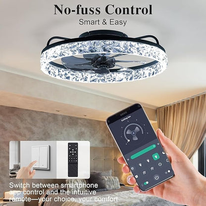 DIAMONDFORGE Ceiling Fans with Remote and Lights Fandelier - Modern Low Profile - 20'' Flush Mount Ceiling Fans for Bedroom,6 Speeds and Stepless Color Temperature- Crystal and Black