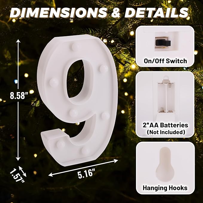 LED Light Up Marquee Letters, Battery Powered Decorative LED Letter Lights, Alphabet Light Up Letters for Wedding Birthday Party,Holiday Lamp or Home Bar Decoration (Number 9)