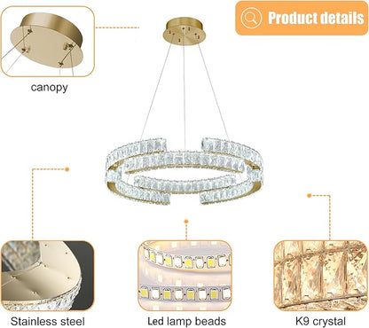 16in Modern Gold Ring Chandelier for Living Room Dinning Room immable Led Crystal Pendant Light Dimmable 3000k-6000k