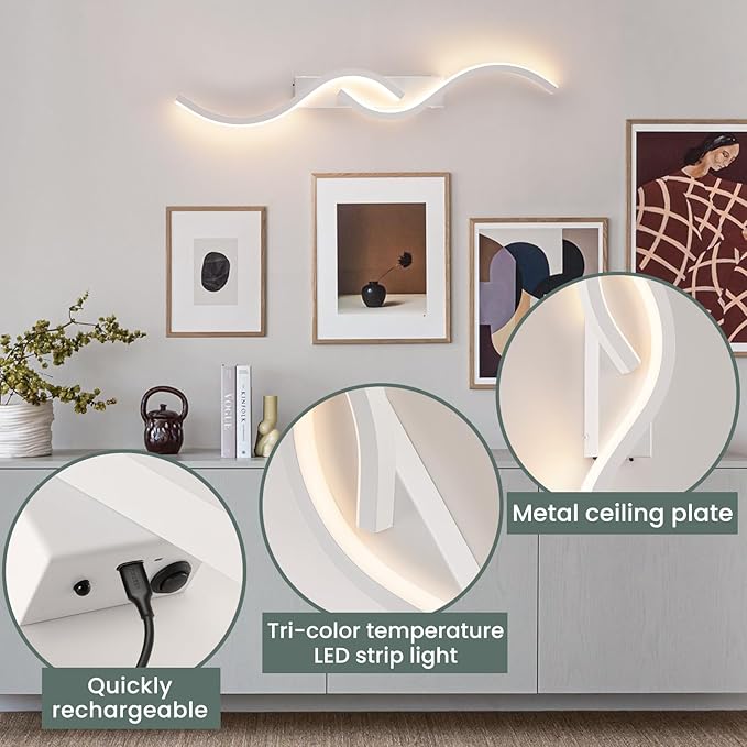 Modern Battery Operated Wall Sconces, Rechargeable Wall Sconces, 3000K-6500K LED Wireless Wall Light, Modern Wall Lamp not Hardwired for Living Room Bedroom Hallway (White)