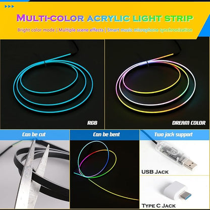 Dreamcolor Interior Acrylic Car Light Strip, Car LED Strip Light with APP Control 47 Inches Fiber Optic Ambient Lighting Kits, Multi-Modes Sound Sync Neon Lights