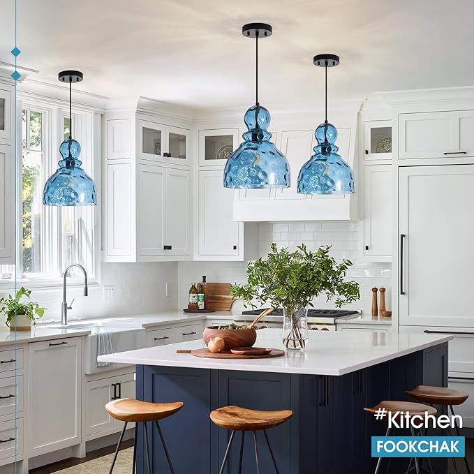 Coastal Pendant Light Blue Hammered Glass Kitchen Island Lights 12in Large Pendant Hanging Light for Dining Room Kitchen Sink Hallway Entrance, E26