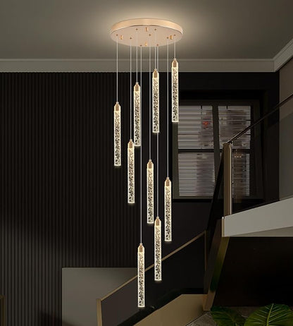 Crystal Staircase Chandelier, Modern Gold Spiral Dimmable LED Cluster Raindrop Foyer Chandelier Lighting, Bubble Living Room Hanging Light Fixture 9 Light Remote Control