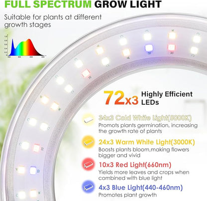 LORDEM 6.3” Ceiling Grow Lamp for Indoor Plants, 216 LEDs Full Spectrum Halo Plant Light, Under Cabinet Grow Lights with 4/8/12H Auto Timer, 3 Switch Modes, 4 Dimmable Brightness Levels, Tri Head