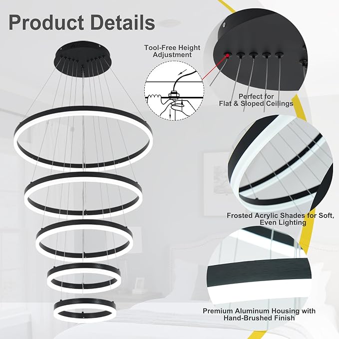 5 Rings Modern LED Chandelier for Foyer, Black High Ceiling Chandeliers Dimmable Pendant Lighting with Remote Control for Dining Room Living Room Staircase(3000K-6500K D23.6)
