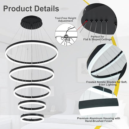 5 Rings Modern LED Chandelier for Foyer, Black High Ceiling Chandeliers Dimmable Pendant Lighting with Remote Control for Dining Room Living Room Staircase(3000K-6500K D23.6)