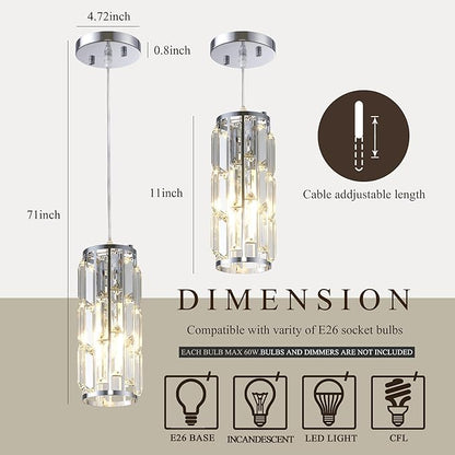 Pendant Lights Kitchen Island Modern Chrome Pendant Light Fixtures, Island Pendant Lights for Kitchen, mini pendant lights Crystal, Adjustable Hanging Lights Fixture for Dinning Room (Chrome 3-Pack)