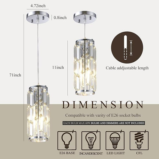 Pendant Lights Kitchen Island Modern Chrome Pendant Light Fixtures, Island Pendant Lights for Kitchen, mini pendant lights Crystal, Adjustable Hanging Lights Fixture for Dinning Room (Chrome 2-Pack)