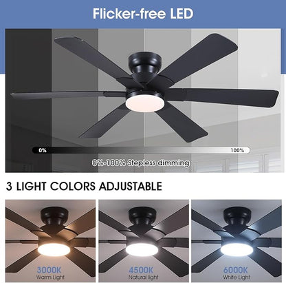 52" Low Profile Ceiling Fans with Lights and Remote, Black Indoor Ceiling Fan Light with Quiet Reversible DC Motor,Modern Flush Mount Ceiling Fans with Dimmable LED for Bedroom Kitchen