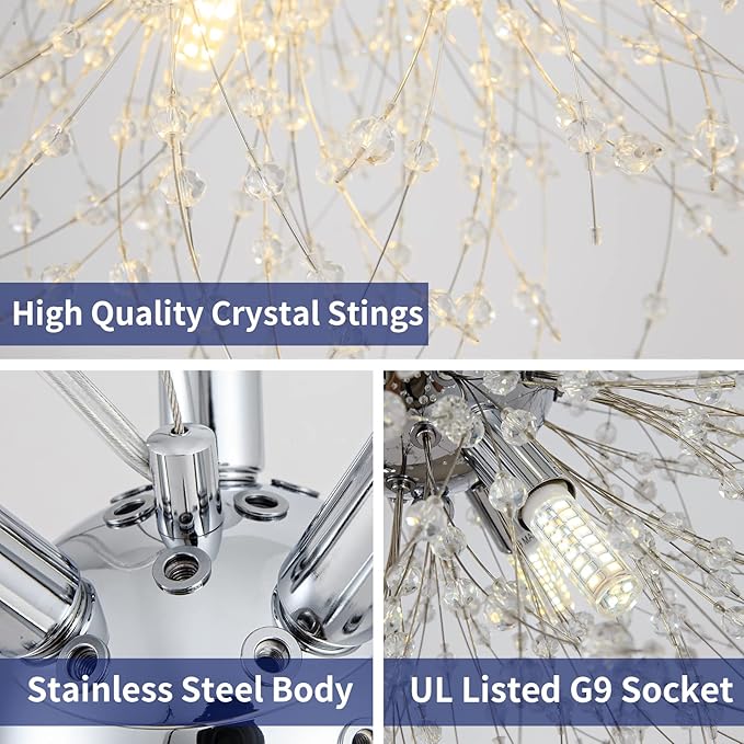Modern Crystal Chandeliers Firework, 9-Light Chrome Dandelion Sputnik Ceiling Light Fixtures, Sputnik Chandelier Pendant Light for Bedroom Living Room Dining Room Kitchen Island Hallway
