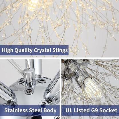 Modern Crystal Chandeliers Firework, 9-Light Chrome Dandelion Sputnik Ceiling Light Fixtures, Sputnik Chandelier Pendant Light for Bedroom Living Room Dining Room Kitchen Island Hallway