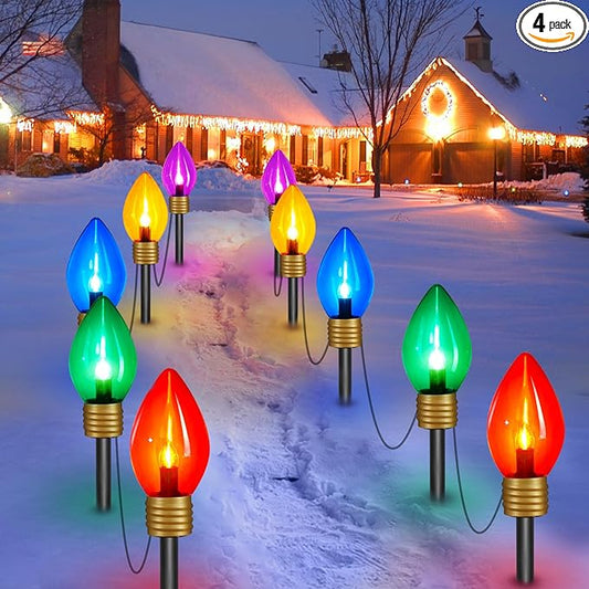 Brightown 4 Pack Jumbo C9 Christmas Pathway Lights Outdoor Decorations Lawn with Stakes,Total 34Ft 20 LED String Lights Covered Jumbo Multicolored Walkway Light Bulb for Holiday Outside Yard Decor