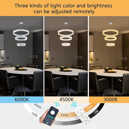 HAIXIANG Modern Glam Chandelier Crystal LED Remote Rings Chandelier Adjustable Hanging Ceilings Pendant Lights Fixture Silver 8"+16"+24" Rings Lighting