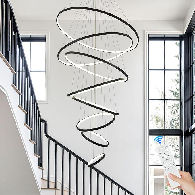 Modern Big LED Chandeliers 8-Ring Big LED Chandelier for High Ceiling with Remote Control Hanging Height Adjustable Max 98" Long Chandelier for Foyer Living Room Entry Staircase 135W