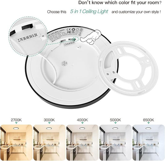 Brightever Black Flush Mount Ceiling Light, 7 Inch 12W, Super Slim 0.67 Inch 1200LM LED Ceiling Light Fixtures, Dimmable & 2700K/3000K/4000K/5000K/6500K 5 Color in One Ceiling Lamp for Closet, 2 Packs