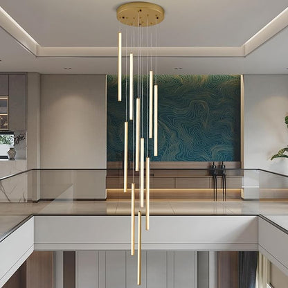 HuisMier 10 Lights Gold LED Chandeliers, Modern Dimmable Staircase Chandelier for High Ceiling with Remote Control, Long Foyer Chandelier for Living Room Entryway Hallway, 3000K-6000K