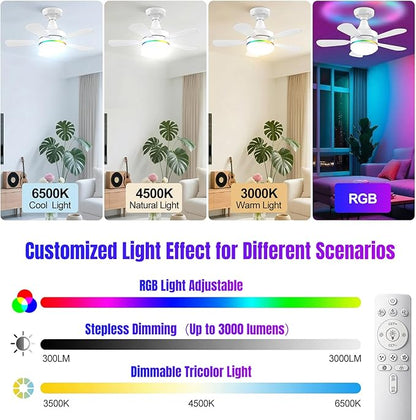 Modern Ceiling Fans with LED Lights, LED E26/E27 Screw Base Mini Light Socket Fan with Cord for Bedroom, Living Room, Kitchen, Balcony (RGB)