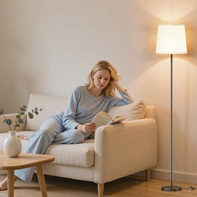 SIBRILLE Floor Lamp with Pleated Shade, 62" LED Dimmable Standing Lamp with Remote & Foot Switch, Color Options, 9W E26 Bulb Included, Modern Reading Light for Living Room Bedroom Office Corner, Black